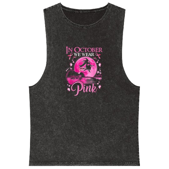 In October We Wear Pink Ribbon Witch Halloween Mineral Wash Tank Tops