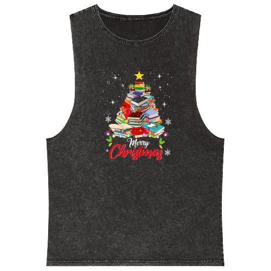 Merry Christmas Tree Love Reading Books Librarian Mineral Wash Tank Tops