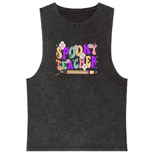 Spooky Season Retro Spooky Teacher Halloween Funny Mineral Wash Tank Tops