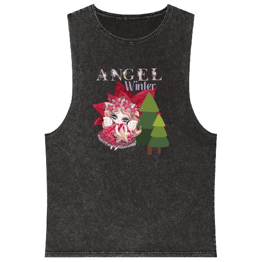 Winter Angel Christmas Tree Poinsettia Mineral Wash Tank Tops
