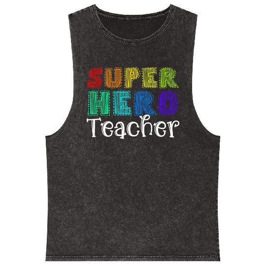 Multicolor Retro Teacher Superhero Mineral Wash Tank Tops