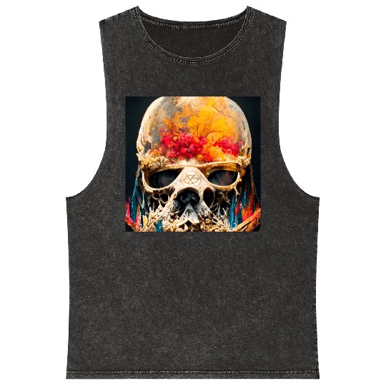 Extremely Realistic Skull in Abstract Art Mineral Wash Tank Tops