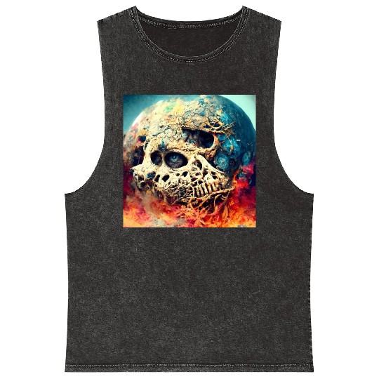 Extremely Realistic Skull in Abstract Art Mineral Wash Tank Tops