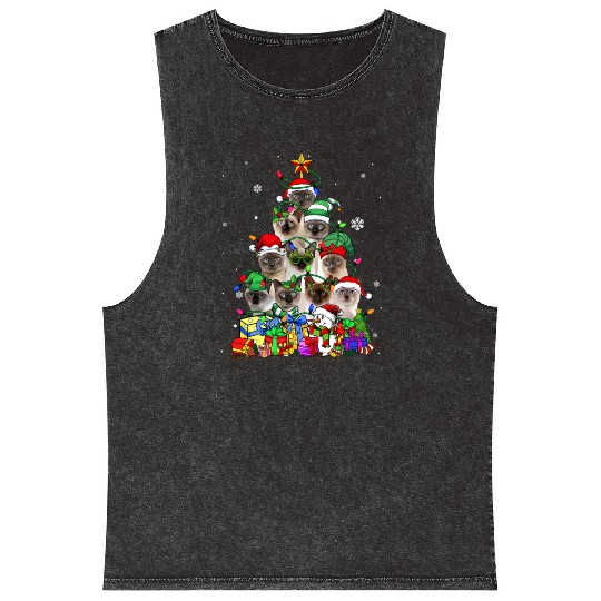Cat Lover Funny Siamese Tree Christmas Light Mineral Wash Tank Tops