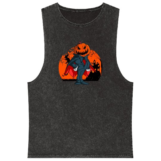 Vampire Pumpkin Head Jack O' Lantern Halloween Mineral Wash Tank Tops