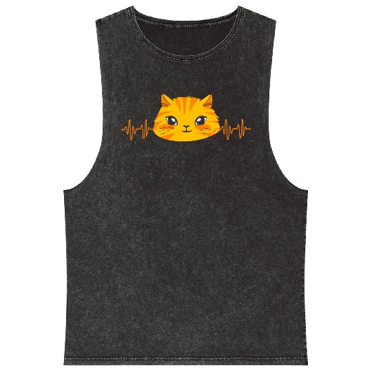 Cat Lover Kitten Pet Tabby Cat Heartbeat Mineral Wash Tank Tops