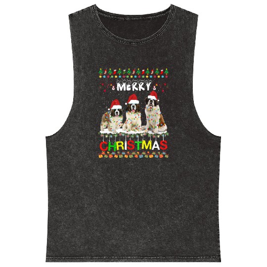 Saint Bernard Christmas Tree Light Pajama Xmas Dog Mineral Wash Tank Tops