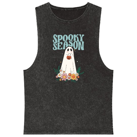 Funny Floral Ghost Halloween Spooky Season Mineral Wash Tank Tops