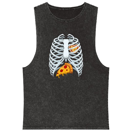 Funny PIzza Skeleton Rib Cage Halloween Costume Mineral Wash Tank Tops