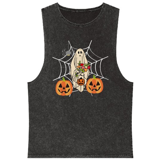 Halloween Costume Floral Ghost Pumpkin SpiderWeb Mineral Wash Tank Tops