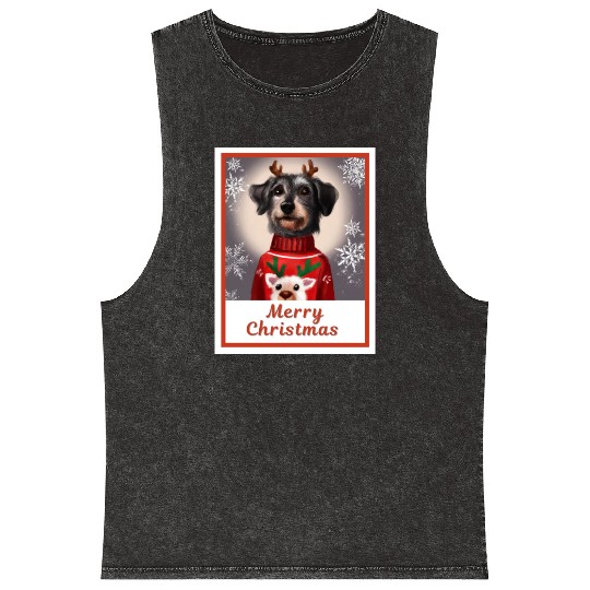Miniature Black Schnauzer in a Christmas sweater. Mineral Wash Tank Tops