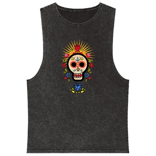 Vingtage Rock Skull Rose Floral Mineral Wash Tank Tops