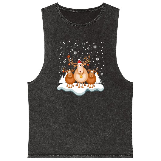 Funny Reindeer Red Nose Santa Snowflake Mineral Wash Tank Tops