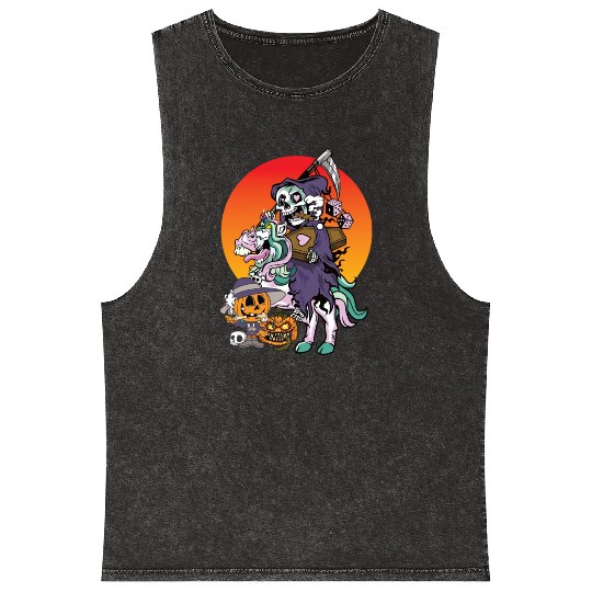 Unicorn Halloween Pumpkin Grim Reaper Mineral Wash Tank Tops