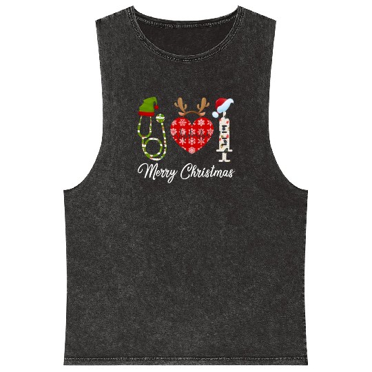 Merry Christmas Nursing Elf Reindeer Santa Hat Mineral Wash Tank Tops
