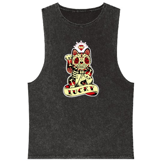 lucky cat Skull Candy Mineral Wash Tank Tops