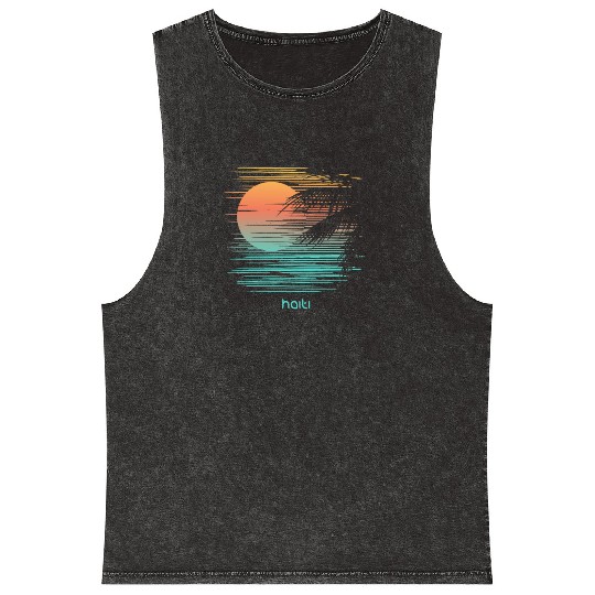 Artistic Haiti Palm Tree Vacation Souvenir Mineral Wash Tank Tops