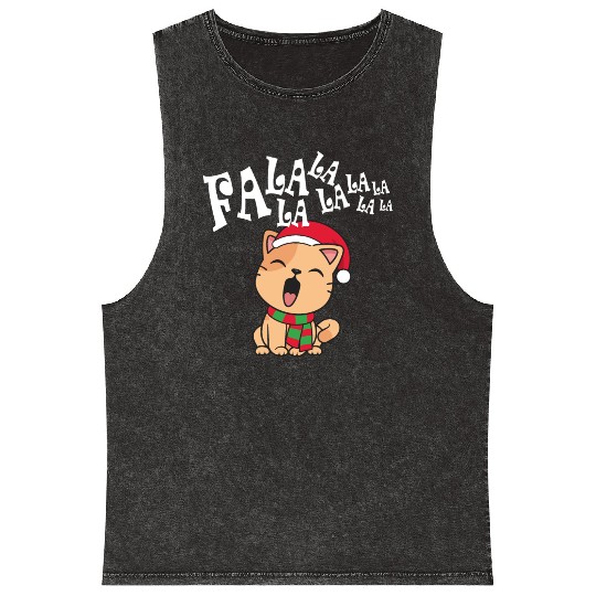 Cute Christmas Cat Singing Fa la la la Song Mineral Wash Tank Tops