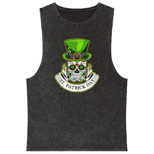 Sugar Skull | St Patrick Day | Lucky Charm Irish Mineral Wash Tank Tops