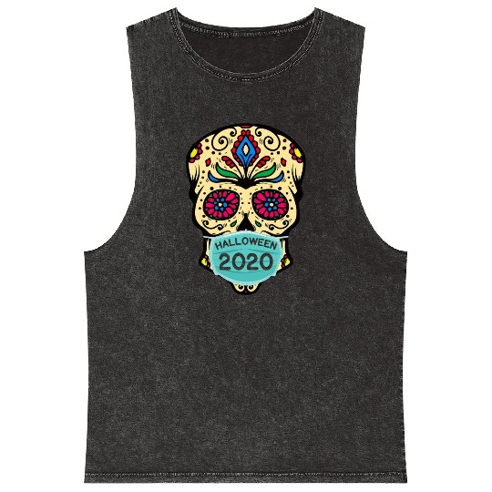 Sugar Skull Wearing Face Mask | Day of the Dead Mineral Wash Tank Tops