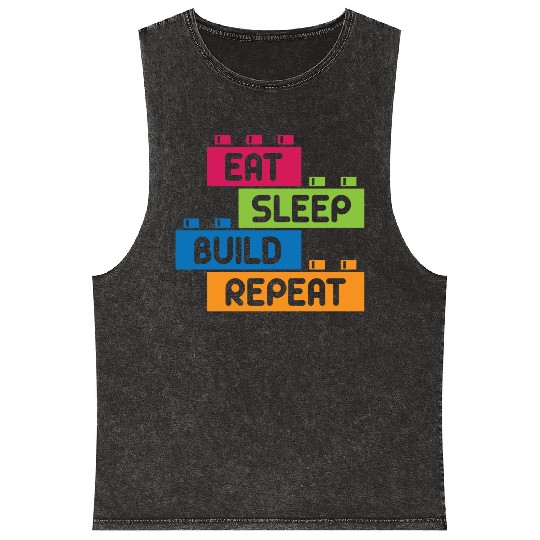 Funny Quote Retro Eat Sleep Build Toy Brick Mineral Wash Tank Tops