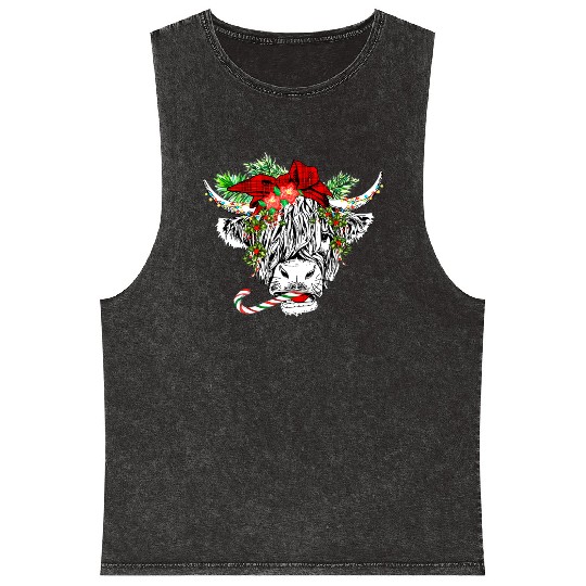Christmas Highland Cow Merry Christmas Mineral Wash Tank Tops
