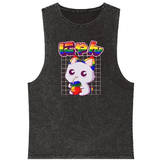 Gay Pride Kawaii Cat Strawberry Milk Rainbow Flag Mineral Wash Tank Tops