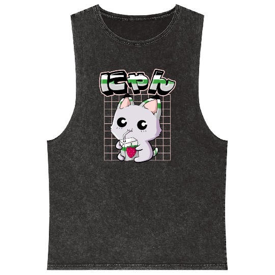 Demiromantic Pride Kawaii Cat Strawberry Milk Mineral Wash Tank Tops