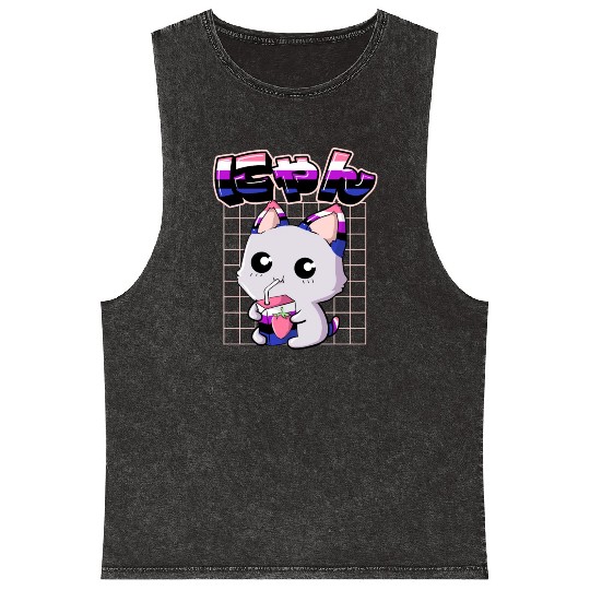 Genderfluid Pride Kawaii Cat Strawberry Milk Mineral Wash Tank Tops