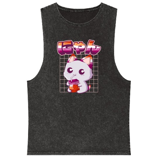 Lesbian Pride Gay Kawaii Cat Strawberry Milk Lesbi Mineral Wash Tank Tops