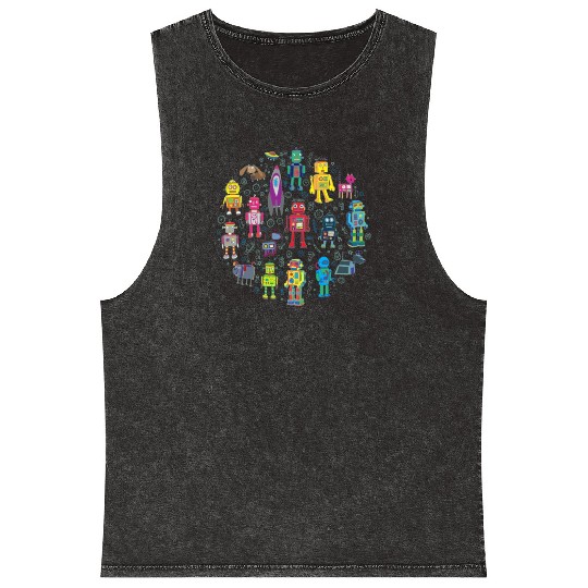 Robots in Space grey fun Robot Mineral Wash Tank Tops
