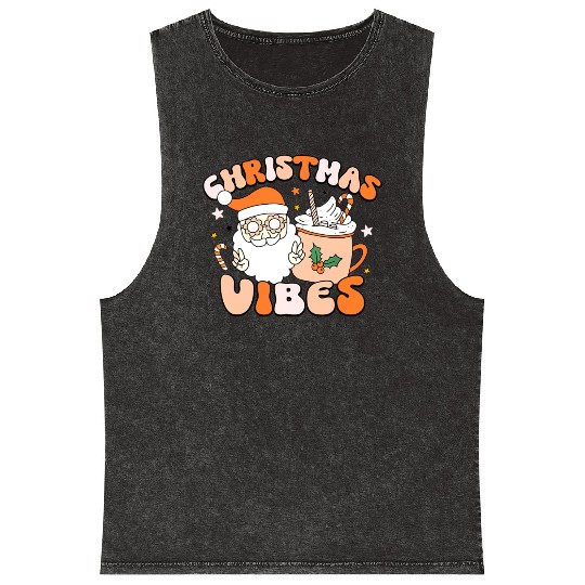 Retro Groovy Christmas Vibes Cute Santa Claus Xmas Mineral Wash Tank Tops