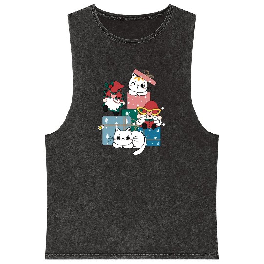 cute gnome and kitty cats on present gift box Mineral Wash Tank Tops
