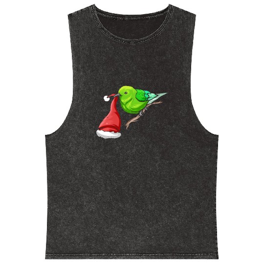 Little Green Bird Carrying Santas Hat In Beak On Mineral Wash Tank Tops