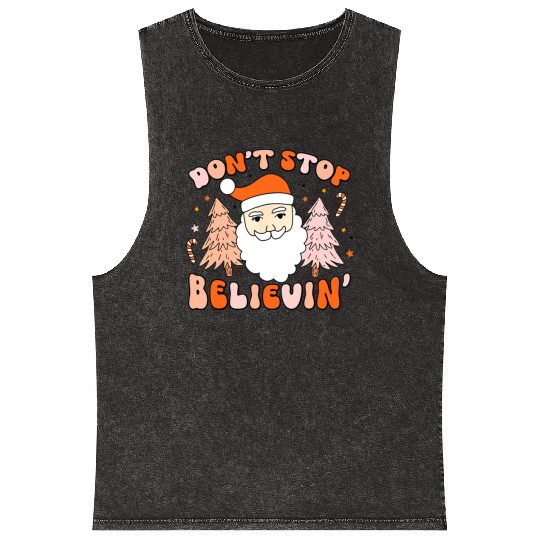 Retro Groovy Don't Stop Believin' Christmas Cute Mineral Wash Tank Tops