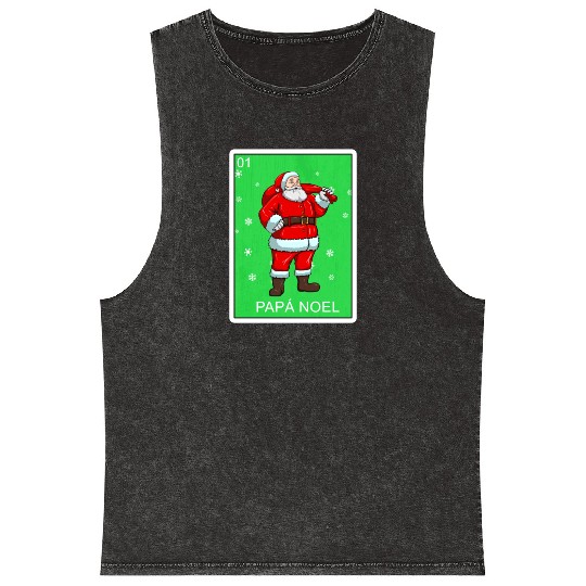 Papa Noel Father Christmas Card Mexican Lottery Mineral Wash Tank Tops