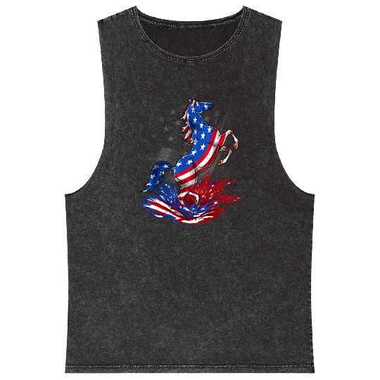 Horse 4th Of July American Flag USA Horse Mineral Wash Tank Tops