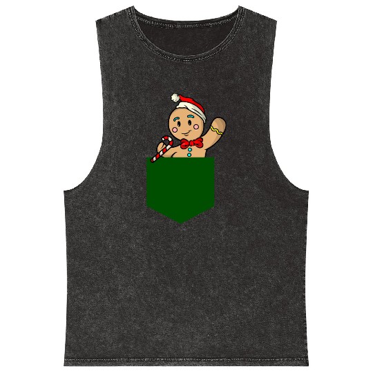 Christmas gingerbread man in breast pocket gift Mineral Wash Tank Tops