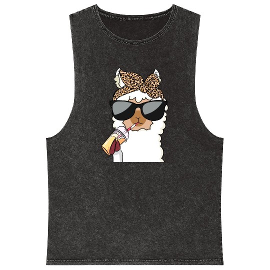 Llama Leopard Girls Women Alpaca Lover Mineral Wash Tank Tops