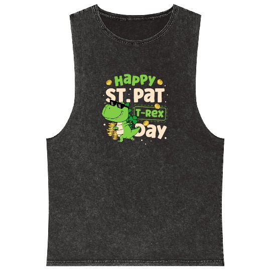 Happy St. Pat T-rex Day Dinosaur St. Patricks Day Mineral Wash Tank Tops