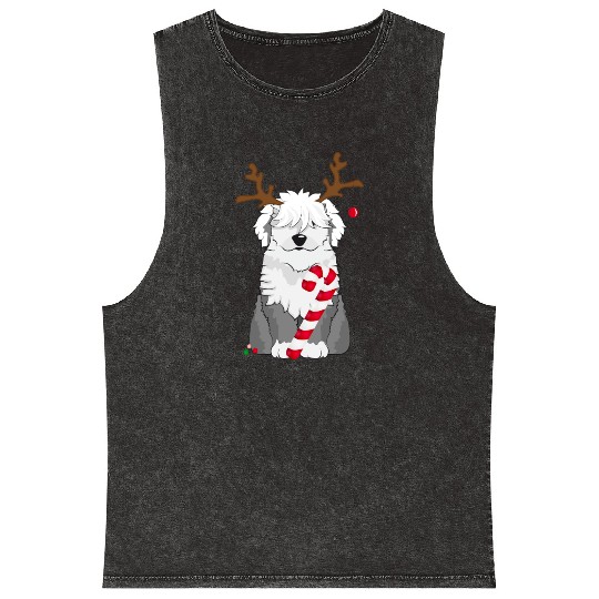 Bobtail dog with candy cane and reindeer antlers Mineral Wash Tank Tops