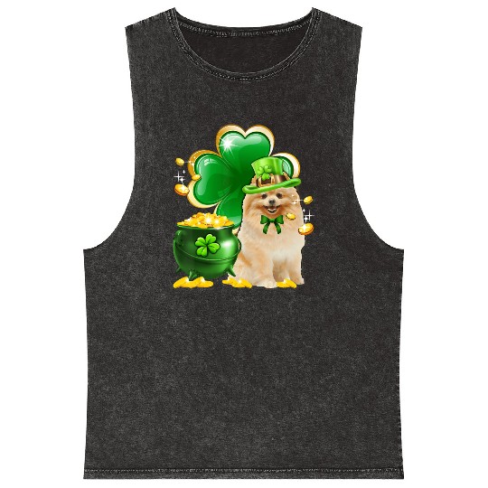 Pomeranian Dog Shamrock St Patricks Day Mineral Wash Tank Tops
