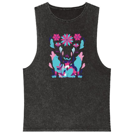 Two Wolves And Flowers Abstract Mineral Wash Tank Tops