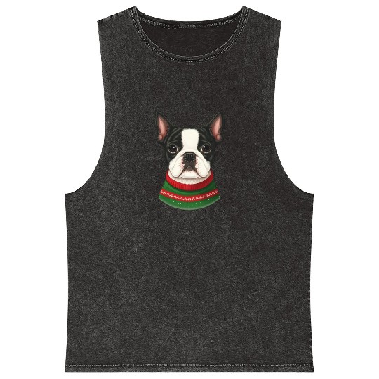 Festive Boston Terrier in a Christmas Sweater Mineral Wash Tank Tops