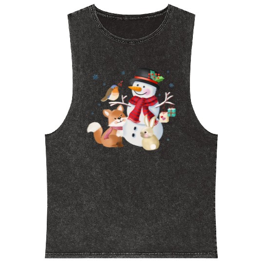 Snowman with fox, rabbit and robin Mineral Wash Tank Tops