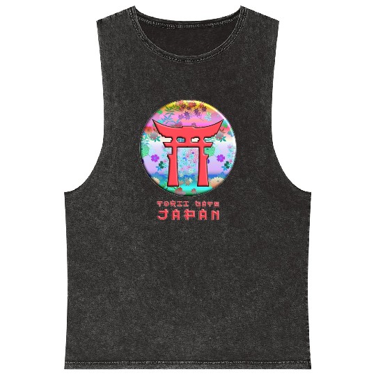 Torii Gate Shinto Japan Asian Floral Pattern Mineral Wash Tank Tops