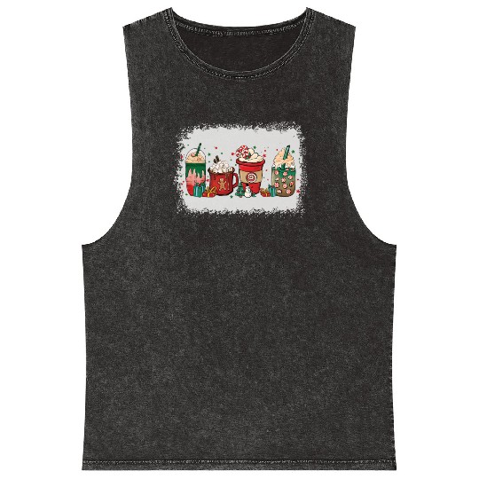 Christmas Coffee Cup Bleached Mineral Wash Tank Tops