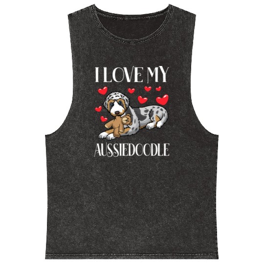 Aussiedoodle Dog With Stuffed Animal Mineral Wash Tank Tops
