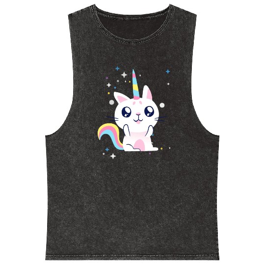Cute Unicorn Cat Caticorn Girls Otaku Japanese Mineral Wash Tank Tops