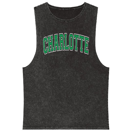 Charlotte Varsity Style Green Text Mineral Wash Tank Tops